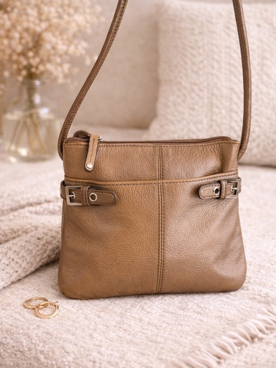 Tignanello Handbags - Tignanello Metallic Gold Pebbled Leather Crossbody Bag Buckle Accent Purse